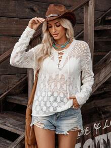 LanaWest Women's Knitted Sweater, Long Sleeve, 3D Geometric Pattern, Hollow Neckline With Drawstring Bowknot Fall Winter