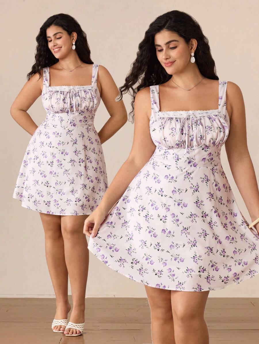 SHEIN MOD 大码女式方领蕾丝装饰露背系带花卉度假浪漫长裙，适合约会、返校大码挤奶女工连衣裙，生日女士休闲连衣裙，婚礼宾客女士连衣裙，女士生日连衣裙，适合约会、生日、初秋、温布尔登风格、温布尔登服装 - 彩色 - 查看 1