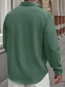 Manfinity Homme Áo sơ mi nam dài tay trơn màu thường ngày, áo sơ mi nam dài tay thường ngày xuân thu, áo sơ mi nam có họa tiết, áo sơ mi nam vải lanh cài nút cho nam, áo sơ mi nam vải lanh thường ngày, mùa thu - màu xanh lá - Xem 2