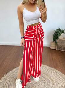 INAWLY 2 件性感修身吊带背心和直筒条纹裤套装，休闲优雅，适合女士 - 紅色 - 查看 3