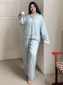 Dazy Plus 2 Peças Conjunto de Pijama Solto com Gola de Lapela e Estampa Xadrez Colorblock, Roupa de Casa Plus Size, Roupas de Outono - Azul - Visão 7