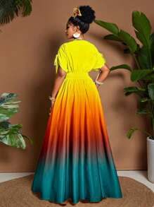 Breezaya Đầm maxi chữ A thắt nơ cổ chữ V họa tiết ombre lãng mạn thanh lịch dành cho nữ, thiết kế đa năng cho các buổi đi chơi, bãi biển, lễ hội âm nhạc, trang phục dự tiệc cưới tốt nghiệp cho khách mời, phong cách công sở thường ngày Boho, thắt nơ eo đàn hồi, du lịch nghỉ dưỡng, váy maxi chữ A mùa xuân/hè/thu - Nhiều màu - Xem 2