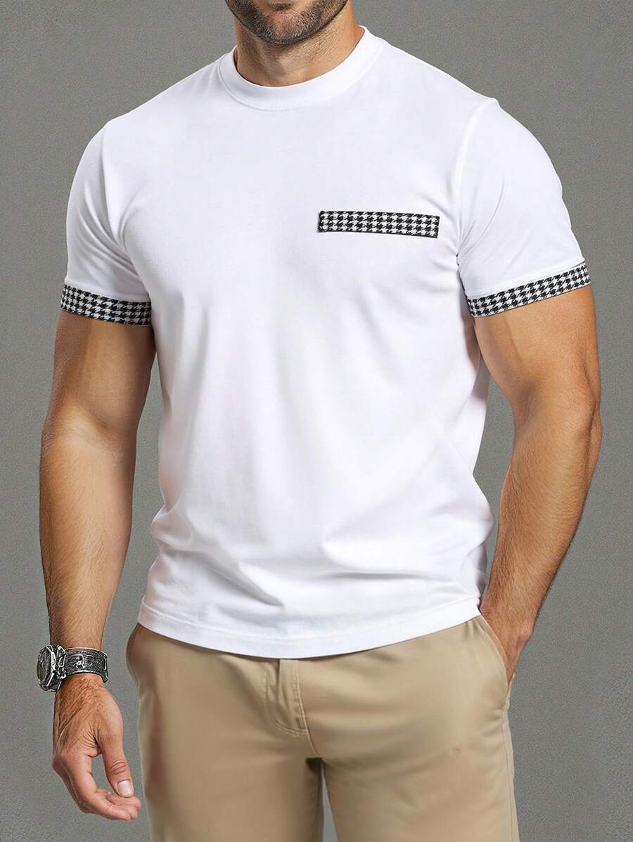 Manfinity Homme Áo thun nam cổ tròn tay ngắn họa tiết Houndstooth chắp vá mùa hè - trắng - Xem 1