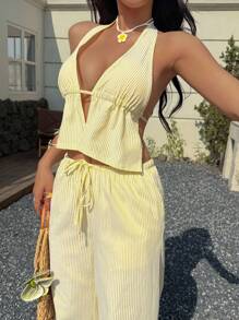 SHEIN PETITE Blue & White Striped Linen Fabric Deep V-Neck Halter Backless Crop Top And Low Waist Drawstring Tie Pocket Wide Leg Pants Two Pieces Set, Vacation Beach Sexy Casual Everyday Wear, Petite Summer - Yellow - View 3