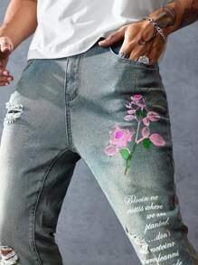 ROMWE MEN Street Life Jeans a zampa con stampa floreale e slogan, con tasche, effetto vissuto per uomo