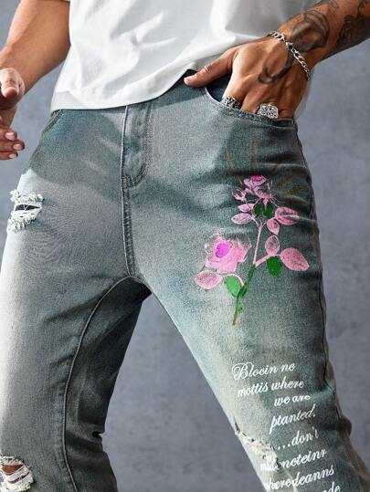 Street Life Jeans acampanados con bolsillo, estampado floral y eslogan, desgastados para hombre