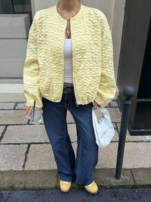 SHEIN Tall CURVE Plus Size Yellow Jacquard Loose Cropped Jacket, Autumn/Winter - Yellow - View 8