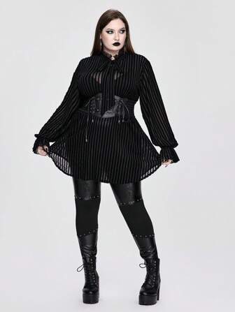Goth Plus Size Gothic Palace-Style Striped Sheer Loose Blouse