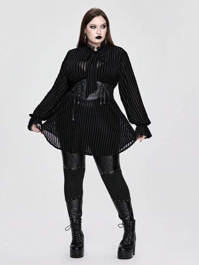 Goth Plus Size Gothic Palace-Style Striped Sheer Loose Blouse