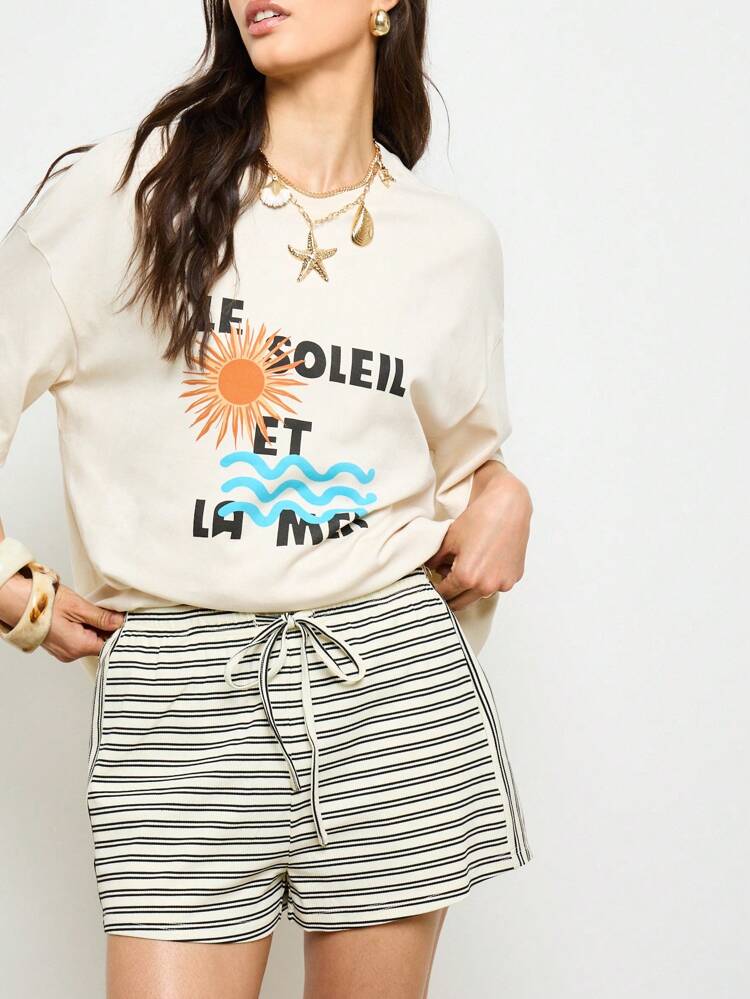 Casual Elastic Waist Striped Drawstring Shorts