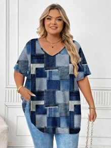 SHEIN CURVE+ Casual Minimalist Allover Print Plus Size T-Shirt Suitable For Going Out