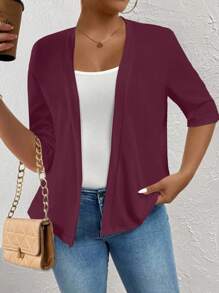 SHEIN LUNE Chaqueta de punto de punto abierto para mujer de talla grande - Burdeos - Ver 1