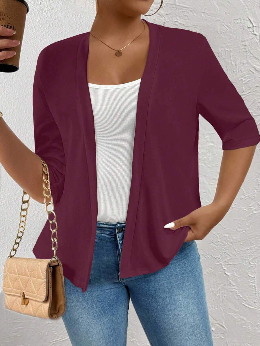 SHEIN LUNE Chaqueta de punto de punto abierto para mujer de talla grande - Burdeos - Ver 1