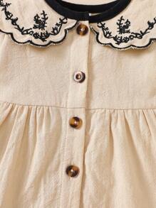 SHEIN Newborn Baby Girl Soft Cotton Embroidered Collar Long Sleeve Dress, Sweet & Fashionable Classy Girl Dress Fall Winter - Apricot - View 4