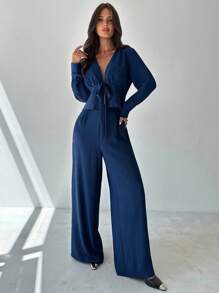 Firerie 女士优雅休闲浪漫日常都市通勤度假蓝色长袖系腰 V 领衬衫和阔腿裤两件套，秋季服装 - 藍色 - 查看 7