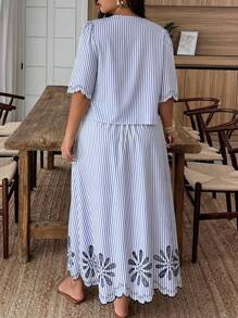 Weeklong Plus Size Vacation Casual Striped Shirt & Skirt 2 Pieces Set - Blue and White - View 2