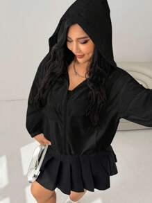 Comfortcana Plus Size Black Casual Solid Color Hooded Drawstring Loose Cardigan Jacket Winter Fall Autumn - Black - View 9