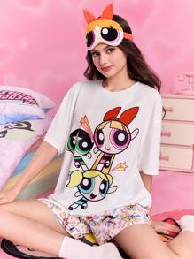 THE POWERPUFF GIRLS X SHEIN Women Blossom, Bubbles, Buttercup Pattern Round Neck Short Sleeve Top And Shorts Pajama Set - White - View 1