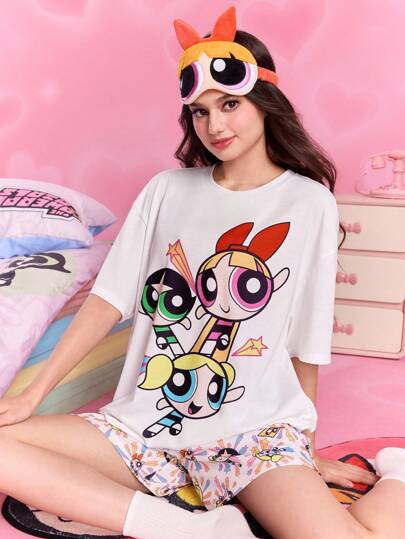THE POWERPUFF GIRLS X SHEIN 女士花朵、泡泡、毛茛图案圆领短袖上衣和短裤睡衣套装