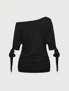 ROMWE J-Fashion Y2K Baddie 美国国旗英文水钻蝙蝠袖单肩紧身女式 T 恤 - 黑色 - 查看 3