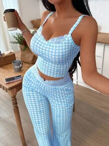 Eraneu Women's Retro Plaid Bow Print Lace Trim Camisole And Flare Leg Pants Pajama Set - Sky Blue - View 5