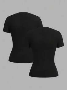 SHEIN EZwear 2 件黑色休闲简约圆领短袖基本款 T 恤，适合春夏季 - 黑色 - 查看 2