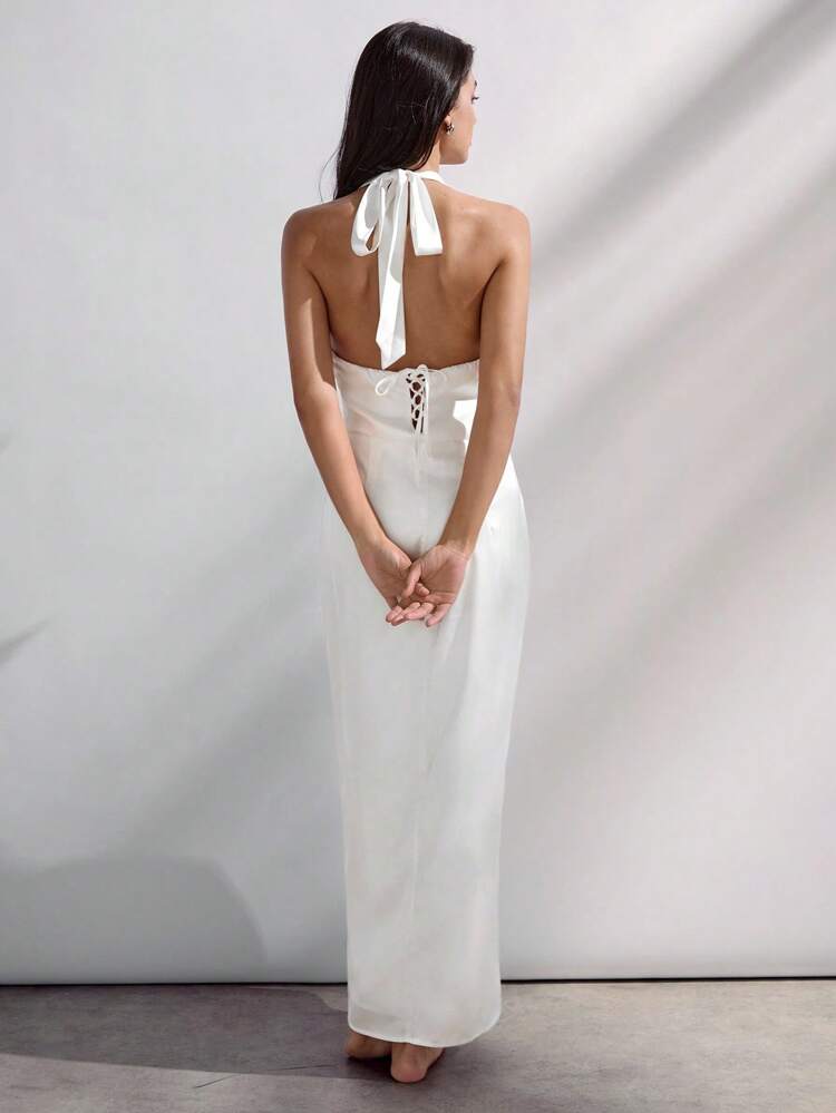 SHEIN Maija White V-Neck Halter Backless Design Midi Dress, Fitted & Elegant, High-Quality Chic Autumn/Winter Versatile Outerwear, Halloween,Fall Dresses For Women, Christmas Women's Clothing Party Outfit