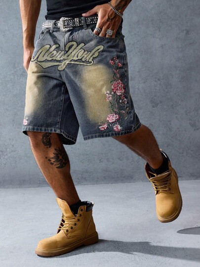 Street Life Men's Embroidered Floral Denim Shorts