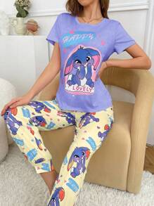 SHEIN Rabbit Pattern Color Block Round Neck Women Pajama Set - Multicolor - View 6