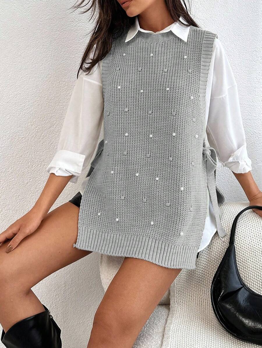 EURMUSE Round Neck Sleeveless Sweater With Pearls - Light Grey - View 1
