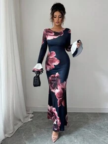 Elenzga Elegant Romantic Ruffle Hem Round Neck Waist Fitted Floral Print Fabric Women Dress With Long Sleeves Fall Cloth For Women - Multicolor - View 4
