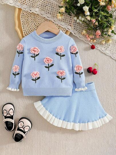 SHEIN Baby Mädchen Blumen gestickte Rüschen Pullover Set, locker gestrickter Cardigan + Rock 2-teiliges Outfit, süß & elegant Langarm Strickanzug, geeignet für den täglichen Gebrauch, Reisen, Ausflüge im Herbst/Winter