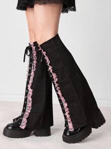 ROMWE Grunge Punk 1 双朋克摇滚豹纹安全别针装饰腿套，Y2K 风格系带蕾丝边纯黑色及膝腿套，个性化修身，适合日常、节日和派对