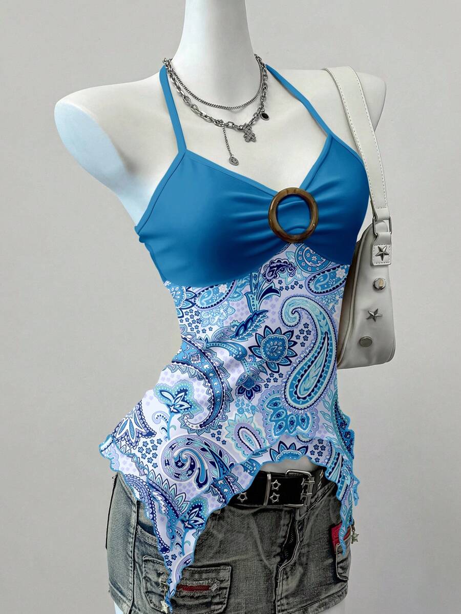 SHEIN EZwear Printed Mesh Blue Cashew Flower Vacation Grunge Print Pattern Women Camisole Top, Retro Y2K, Suitable For Street Style ,Halter Top - Multicolor - View 1