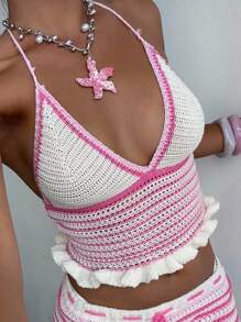 Aloruh 2 pezzi/Set, Completo estivo da vacanza, regata fatta a mano a uncinetto con decorazione floreale a contrasto di colore e mini gonna super corta a contrasto di colore per donna