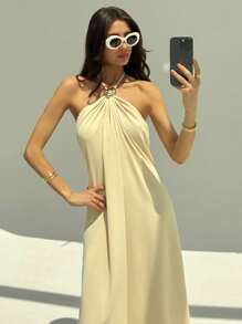 Aloruh New Champagne Backless Pleated Simple Long Halter Dress With Metal Ball Decor, Oversized Fit, Flattering Silhouette,Boho Clothes Women
