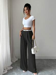 Elenzga 宽松紫色阔腿裤，女士休闲直筒长裤，夏季 - 黑色 - 查看 5