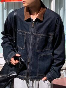 DAZY 男士拼布领棕色和海军蓝色牛仔夹克，秋季 - 藍色 - 查看 1