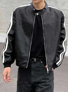 DAZY Men's Autumn Jacket And Coat With Decorative Lines, PU Fabric, Black