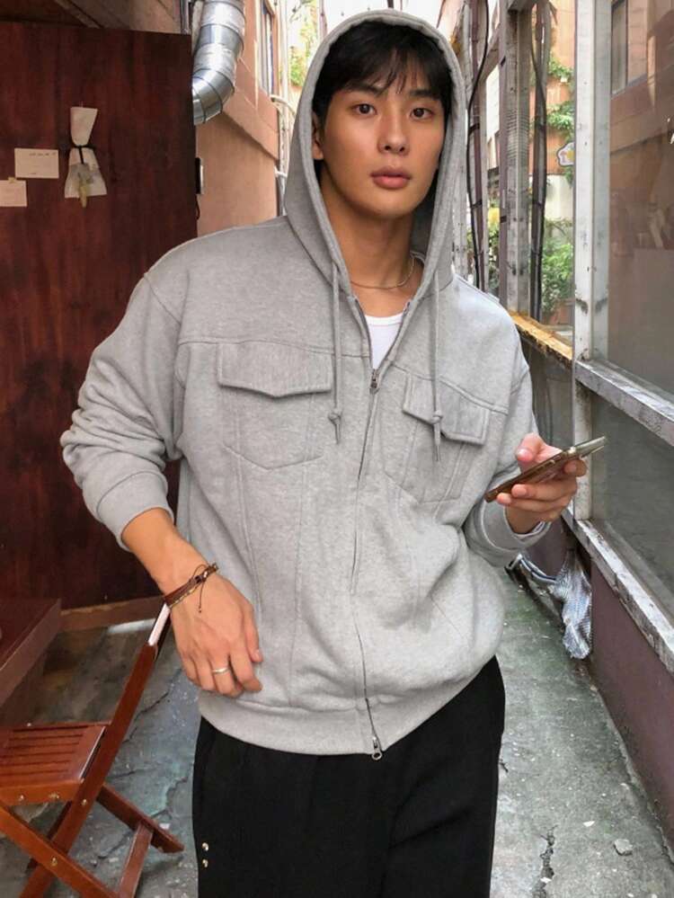 Men's Grey Jacket With Large Pockets And Open Front Design, Autumn
