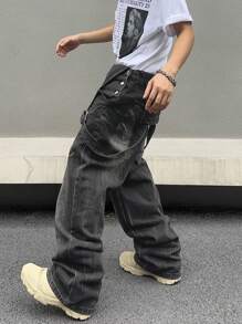 Manfinity EMRG Men Ripped Plain Rapper Basic Slant Pocket Denim Overall Jumpsuit Without Tee, For Going Out Going Out Hang Out Commute Street College