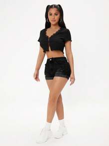 SHEIN PETITE 女式夏季休闲街头破洞翻边牛仔短裤