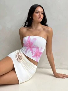 Aloruh Women's Casual Lily Flower Bandeau Crop Top, Suitable For Summer, Vacation Suitable For Going Out - Multicolor - View 4