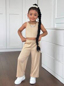 Young Girl Casual Knit Elastic Khaki Long Jacket, Elastic Waist Long Pants, And Tank Top 3-Piece Set - Khaki - View 3