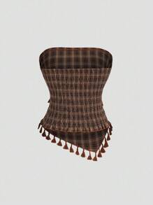 Sweetra 法式复古格子流苏蝴蝶结短款吊带背心 - 棕色 - 查看 6