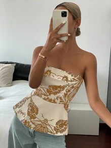 Livesso 女士花卉植物印花休闲度假抹胸，秋季外出上衣 - 棕色 - 查看 4