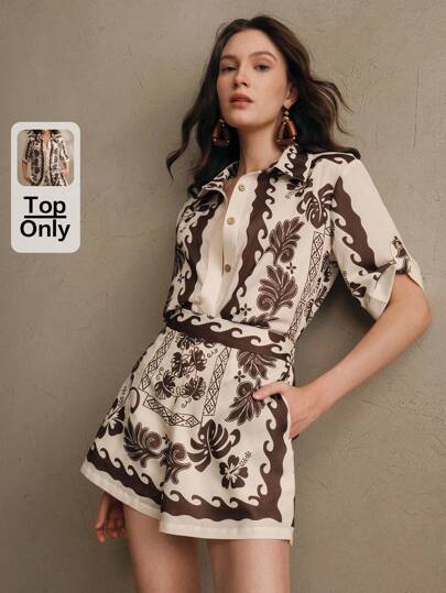 Anewsta 波西米亚风格女式纯色印花休闲衬衫，夏季，优雅，休闲