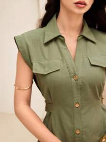 SHEIN Lacomfia 女式V领无袖金属扣腰收腰中长连衣裙 - 軍綠色 - 查看 2