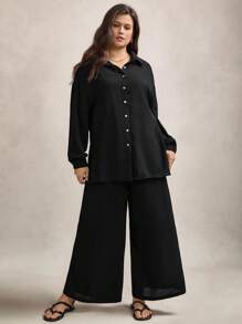 Zelara Plus Drop Shoulder Solid Shirt & Trousers Set - Black - View 4