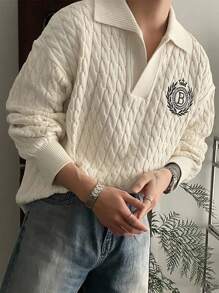 DAZY 男士休闲落肩字母图案针织米色毛衣，秋季校园 - 米色 - 查看 7